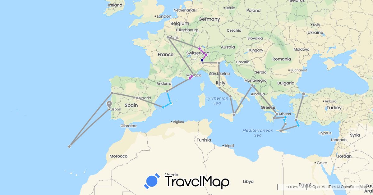 TravelMap itinerary: driving, plane, train, boat in Switzerland, Spain, France, Greece, Italy, Monaco, Montenegro, Portugal, Turkey (Asia, Europe)