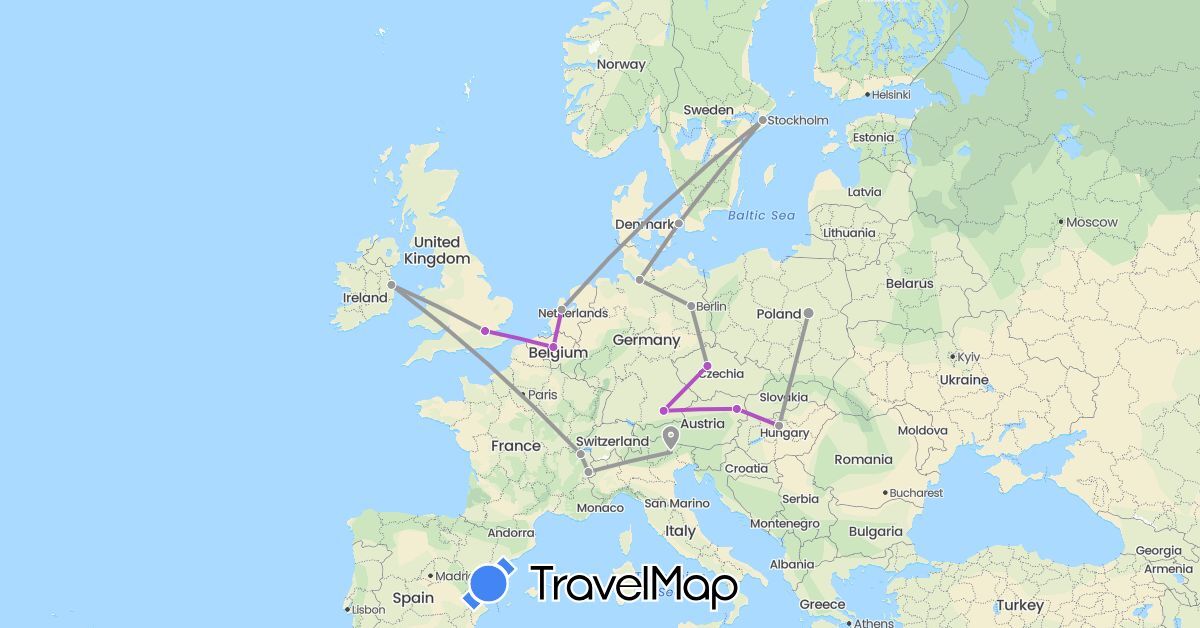 TravelMap itinerary: plane, train in Austria, Belgium, Switzerland, Czech Republic, Germany, Denmark, France, United Kingdom, Hungary, Ireland, Italy, Netherlands, Poland, Sweden (Europe)