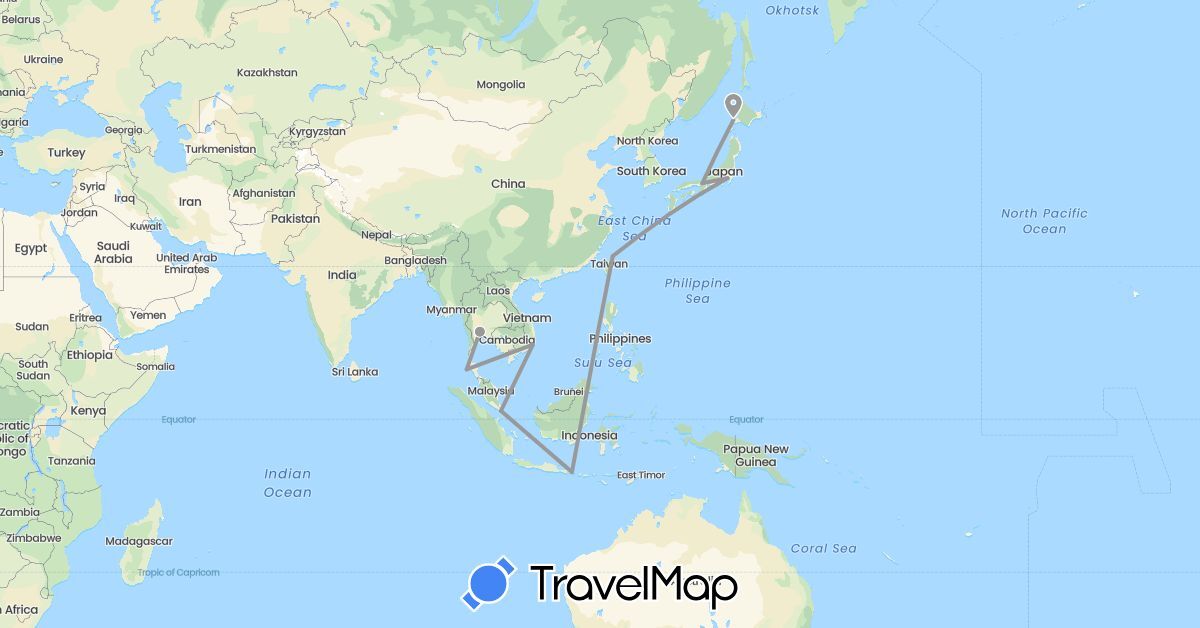 TravelMap itinerary: driving, plane in Indonesia, Japan, Singapore, Thailand, Taiwan, Vietnam (Asia)