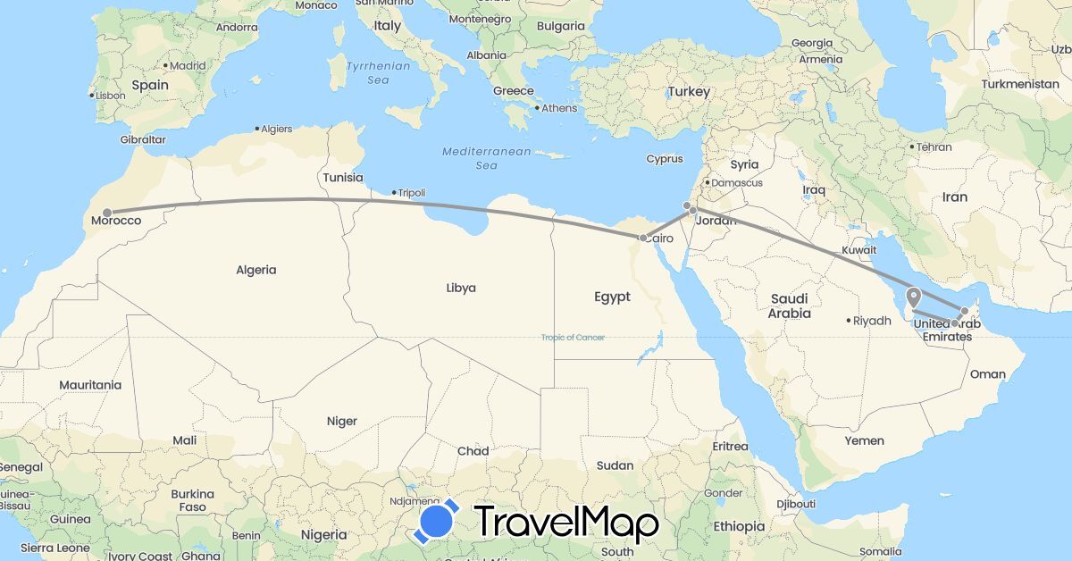 TravelMap itinerary: driving, plane in United Arab Emirates, Egypt, Israel, Morocco, Qatar (Africa, Asia)