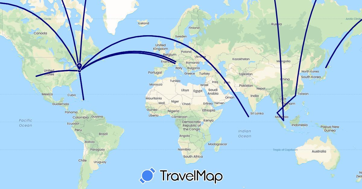 TravelMap itinerary: driving in Switzerland, China, Dominican Republic, France, Italy, Japan, Maldives, Singapore, Thailand, United States (Asia, Europe, North America)